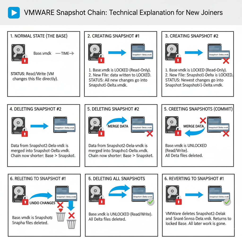 Diagram showing VMware vSphere snapshot and delta disk layout